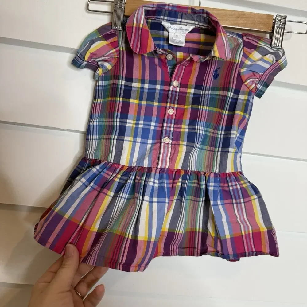 Ralph Lauren Plaid Ruffle Cap Sleeve Cotton Dress Baby Girl Button 9M
